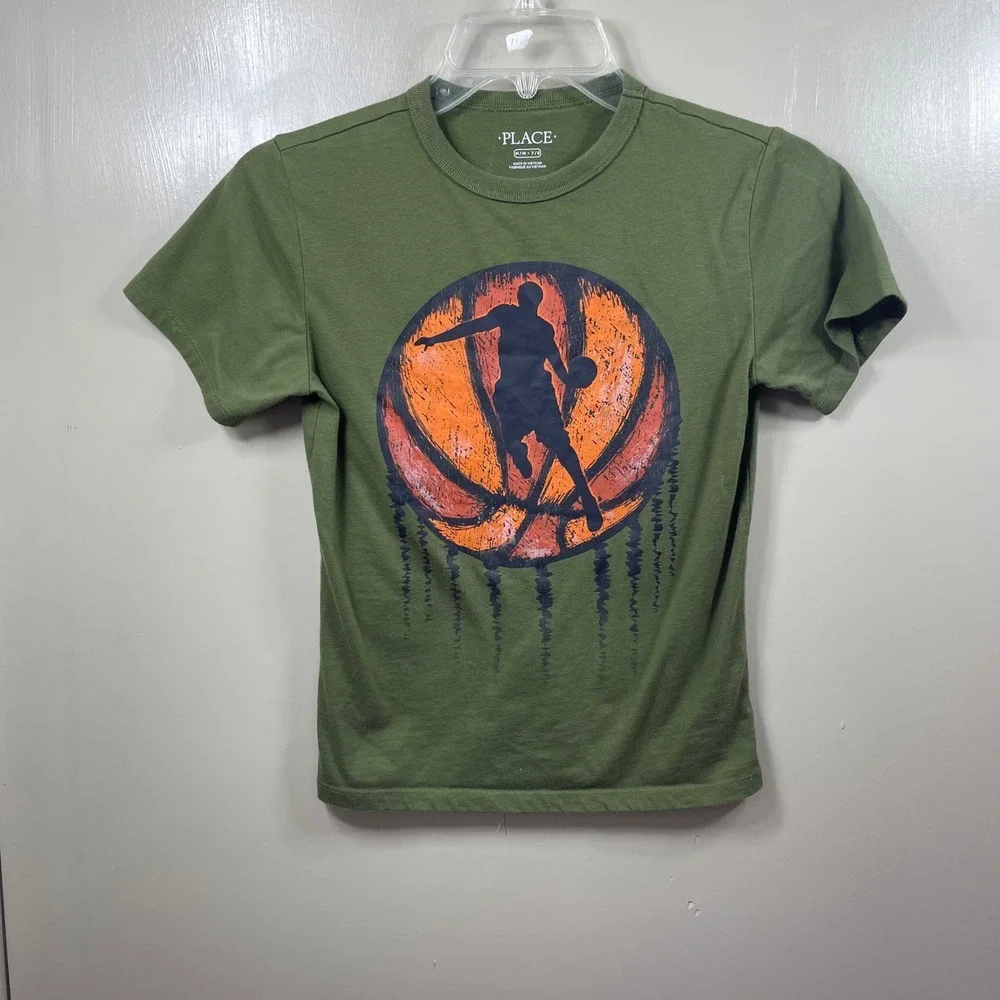 The Childrens‎ Place Boys Olive Green Basketball Graphic Tee Shirt Size M 7/8